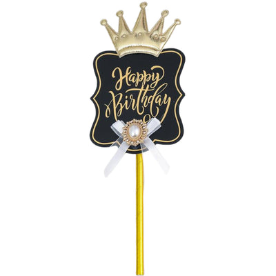 Happy Birthday Cake Topper With Crown - Black And Gold
