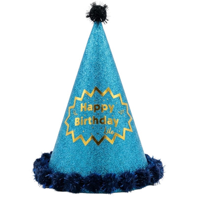 Happy Birthday Party Cap With Pom Poms - Blue Glitter - 24 Cm