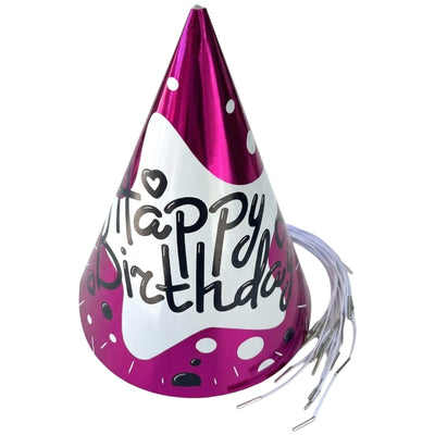 Happy Birthday Glossy Theme Party Cap - Metallic Magenta - Pack Of 6 Pcs - 20 Cm