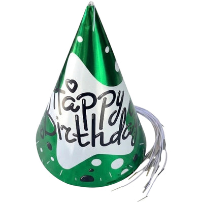 Happy Birthday Glossy Theme Party Cap - Metallic Green - Pack Of 6 Pcs - 20 Cm