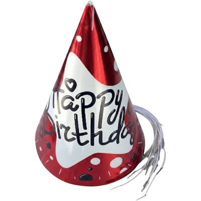 Happy Birthday Glossy Theme Party Cap - Metallic Red - Pack Of 6 Pcs - 20 Cm