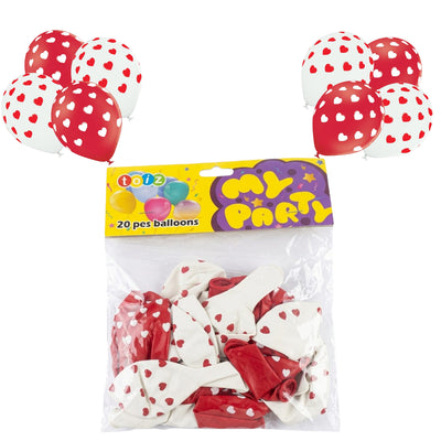 Party Decoration Heart Printed Balloon - Red And White - Pack Of 20 Pcs