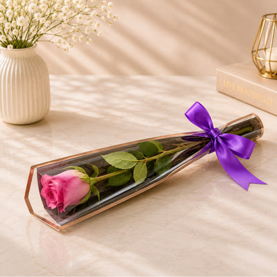 Single Rose Flower Hand Bouquet - Pink Colour