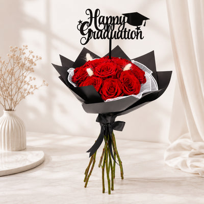 Red Rose 12 Flower Bouquet With Happy Graduation Topper