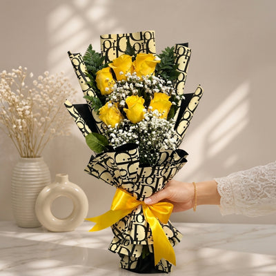 6Pcs Rose Flower Bouquet - Yellow Colour