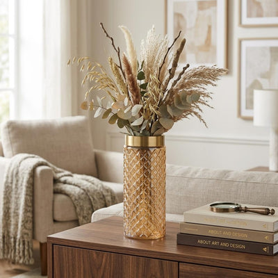 Amber Glass Vase With Gold Metal Rim - Flower Vase - 30X12 Cm