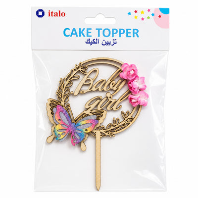 Baby Girl Cake Topper With Butterfly & Flowers - Wooden Cake Topper