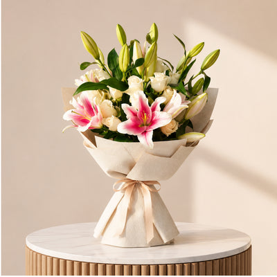 Lily And White Roses Mixed Flower Bouquet