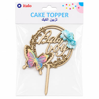 Baby Boy Cake Topper With Butterfly & Flowers - Wooden Cake Topper