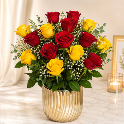 Red And Yellow Rose Flower Arrangement In Vase