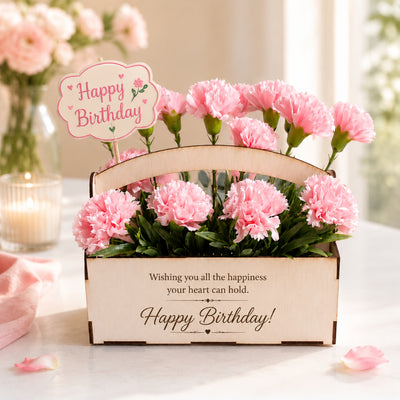 Personalized Artificial Pink Carnation Flower Wooden Box Arrangement