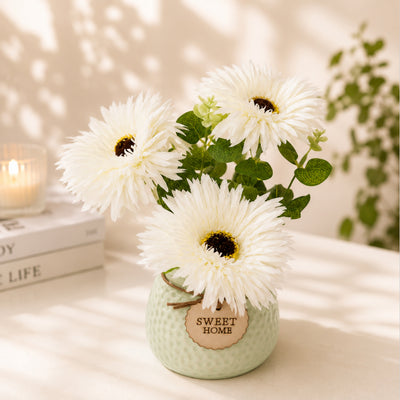 White Gerbera Artificial Flower Arrangement in Textured Vase