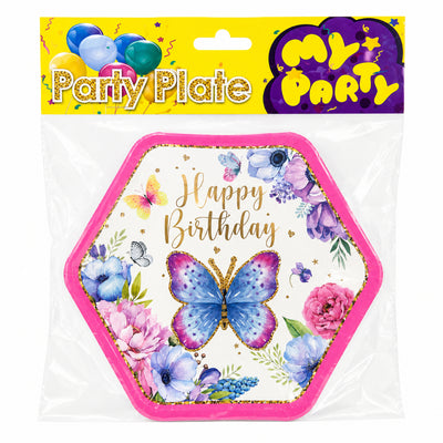 Happy Birthday Butterfly Printed Disposable Party Plates - 16 Cm - Pack Of 6 Pcs