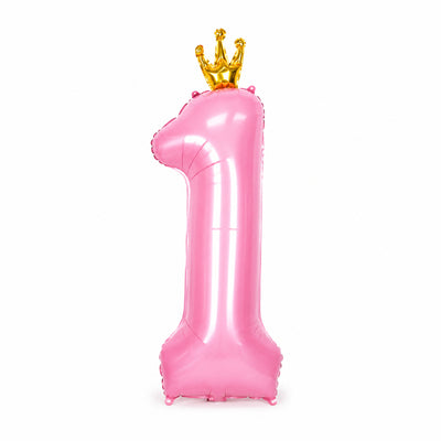 Happy Birthday Party Decoration Foil Balloon Number 1 With Crown - Pink - 32 Inch