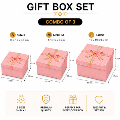 Gift Box with Ribbon Pink Color - 3 pcs Set