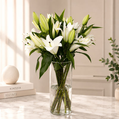 Premium White Oriental Lily Bouquet in Glass Vase