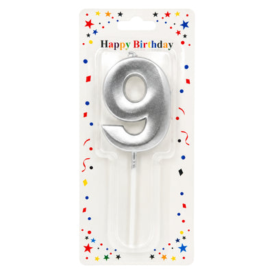 Birthday Candle Number 9 - Silver Metallic Cake Topper Candle