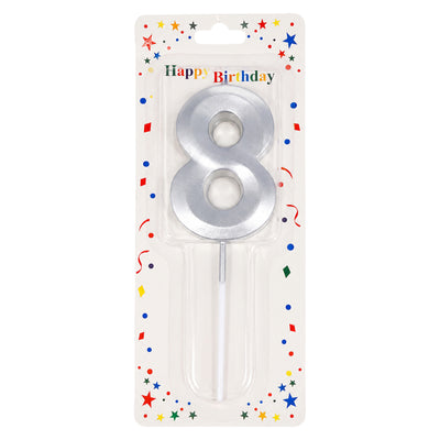 Birthday Candle Number 8 - Silver Metallic Cake Topper Candle