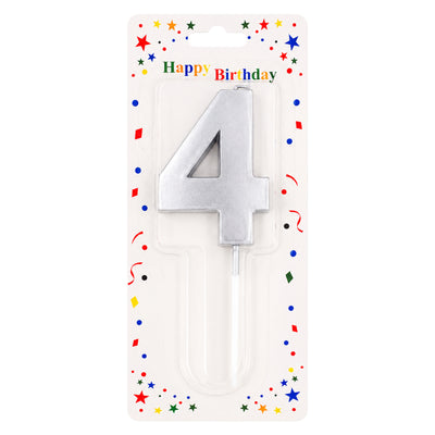 Birthday Candle Number 4 - Silver Metallic Cake Topper Candle