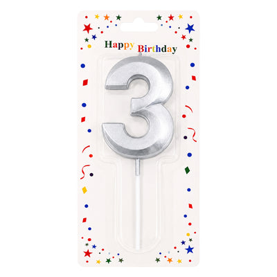 Birthday Candle Number 3 - Silver Metallic Cake Topper Candle