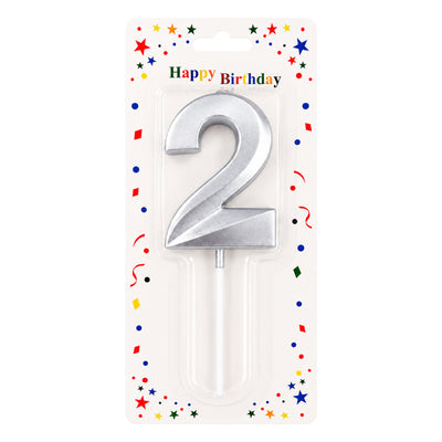 Birthday Candle Number 2 - Silver Metallic Cake Topper Candle