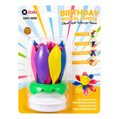 Birthday Music Candle Rotating Lotus Style - Multi Colour