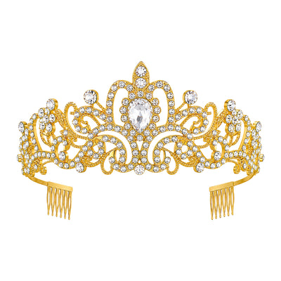 Crystal Royal Tiara Crown - Vintage Floral Rhinestone Queen Headband - Gold