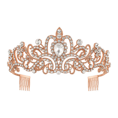 Crystal Royal Tiara Crown - Vintage Floral Rhinestone Queen Headband - Rose Gold