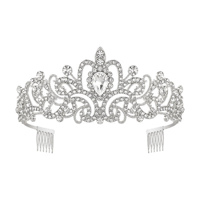 Crystal Royal Tiara Crown - Vintage Floral Rhinestone Queen Headband - Silver