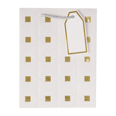 Square Gold Embossed Gloss Gift Bag With Gift Tag - White - 31X42X12 Cm
