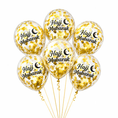 Hajj Mubarak Confetti Balloon Bouquet With Helium 6Pcs Set - Gold And Black Colour