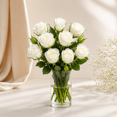 White Rose Flower Bouquet with Glass Vase