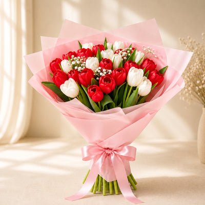 Red & White Tulip Flower Bouquet