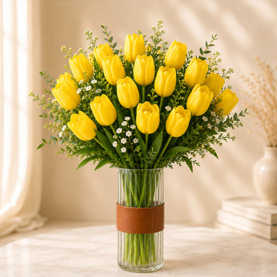 Yellow Tulip Flower Arrangement in Glass Vase