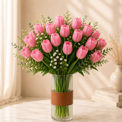 Pink Tulip Flower Arrangement in Glass Vase