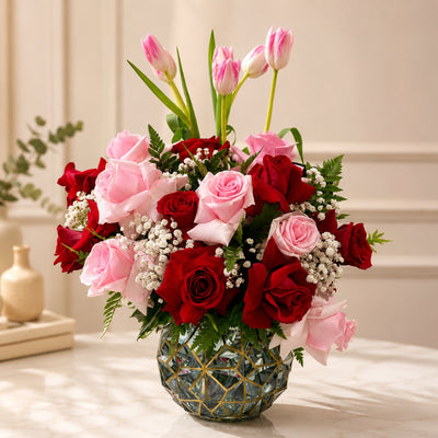 Red & Pink Rose Flower Arrangement in Decorative Vase
