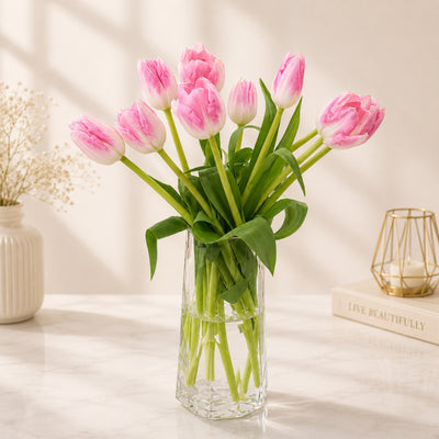 Pink Tulip Elegant Flower Arrangement in Glass Vase