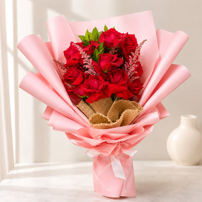 Luxury Red Rose Flower Bouquet with Elegant Pink Wrapping