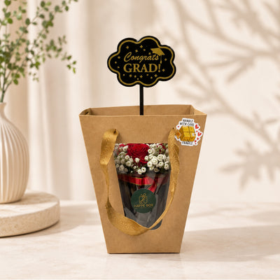 Graduation Fresh Red Rose Flower Arrangement In Graduation Cap Box