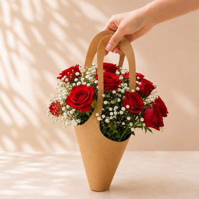 Red Rose Flower Arrangement in Kraft Paper Bag