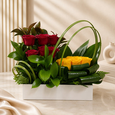 Premium Red & Yellow Rose Box Arrangement