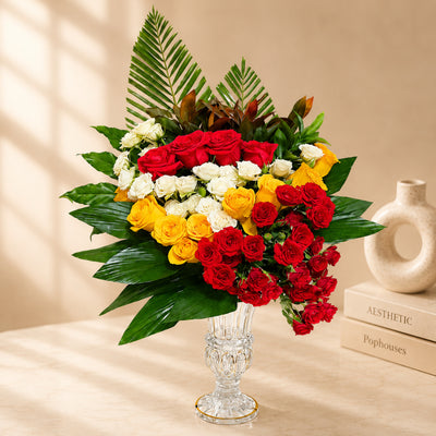 Luxury Mixed Roses Flower Arrangement in Crystal Vase