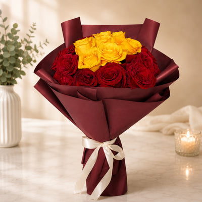 Premium Fresh Roses Flower Bouquet in Burgundy Paper