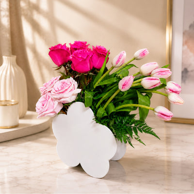 Pink Roses & Pink Tulips Floral Arrangement in Modern White Vase