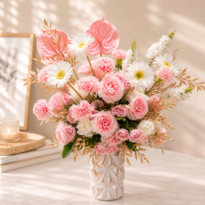Elegant Pink Artificial Flowers Arrangement In Designer Vase