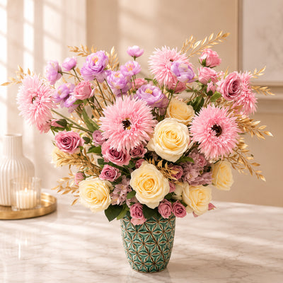 Pink Gerbera & Ivory Rose Artificial Flowers Arrangement