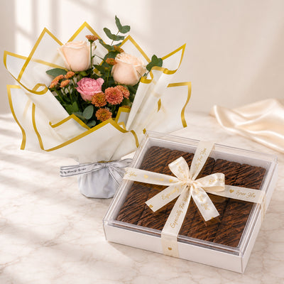 Sweet Blush Flower Bouquet With Chocolate Brownie
