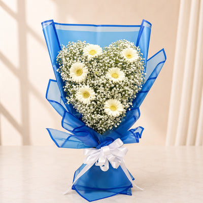 Heart-Shaped Baby's Breath & White Gerbera Bouquet