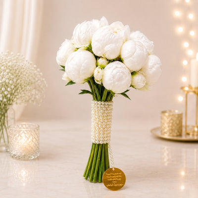 Luxury White Peony Bridal Bouquet with Pearl Handle