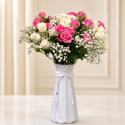 Pink & White Rose Vase Arrangement with Baby's Breath